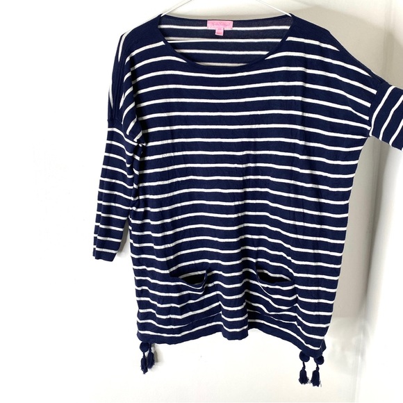Lilly Pulitzer Navy White Stripe Tassel Side Knit Pullover - Picture 3 of 9